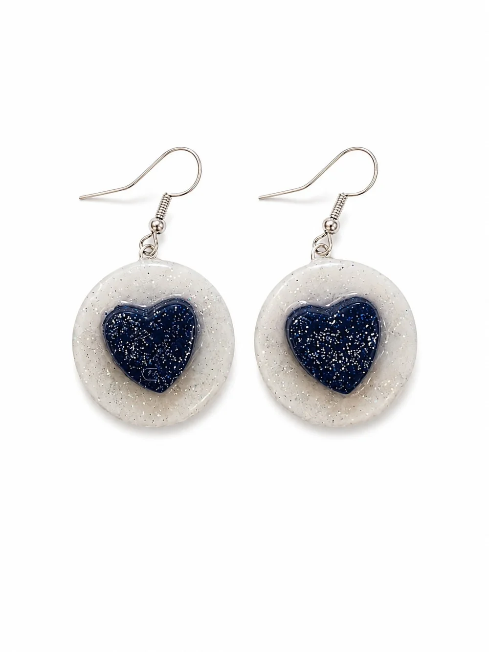 Patsy Creations Handmade Clay Heart Drop Earrings with Navy Glitter Hearts